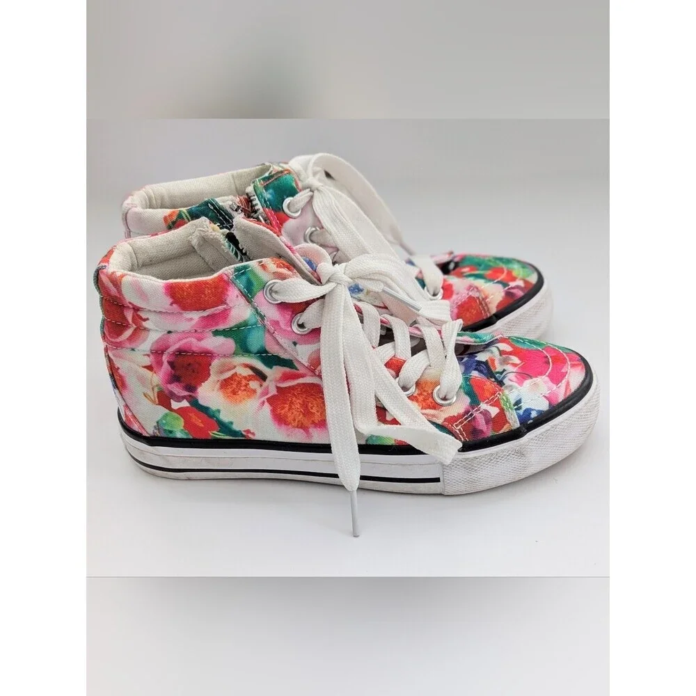 Girls' (Size 1) Floral Canvas High-Top Sneakers/Shoes w/Laces & Side Zippers